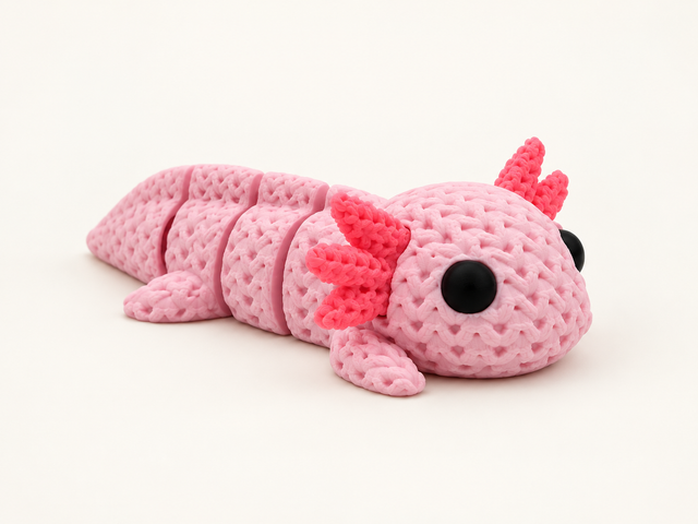Articulated Anthony Axolotl — pink 3D printed figure, studio image